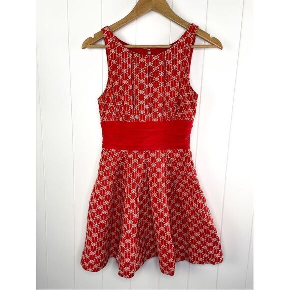 Frock! By Tracy Reese Silk and Linen Embroidered Ablaze Holiday 50s Vintage Red - Picture 2 of 9